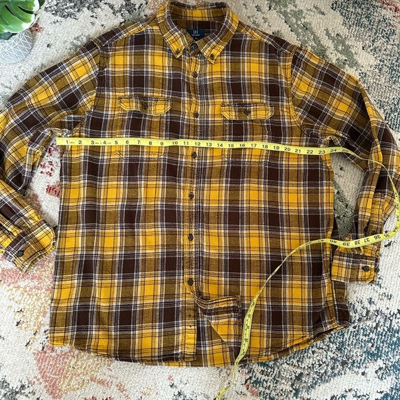Y2K George Men’s XL Plaid Button-Up Flannel Shirt Yellow and Brown Pockets - Picture 7 of 15